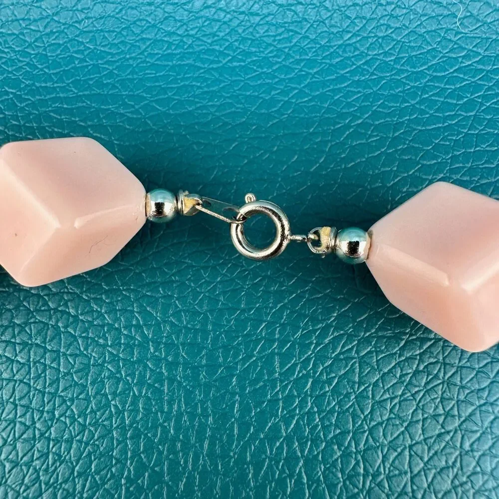 Vintage Necklace Clip Earrings Set Light Pink Acrylic Cube Bead Silver Tone 17.5